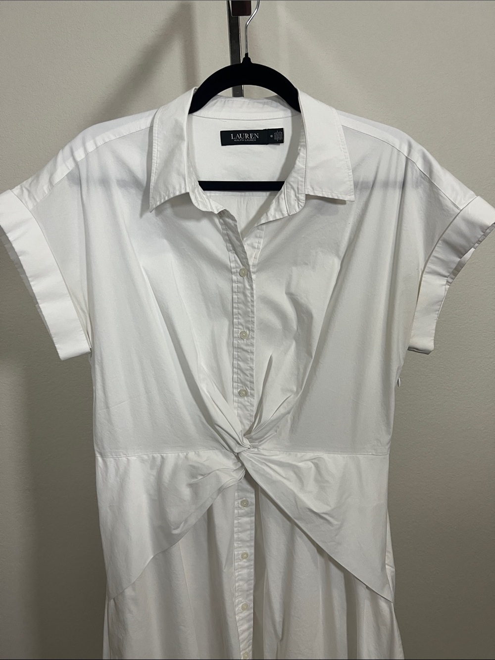 Lauren Ralph Lauren 100% Cotton White Knot-Front Midi Shirt Dress size 10 - Picture 5 of 6